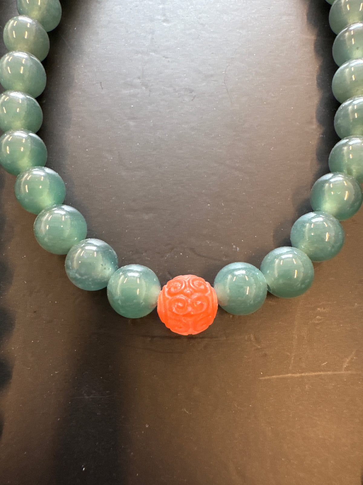 Mala Necklace — Blue Green Ice Jadeite Jade & Carved Nanhong Agate