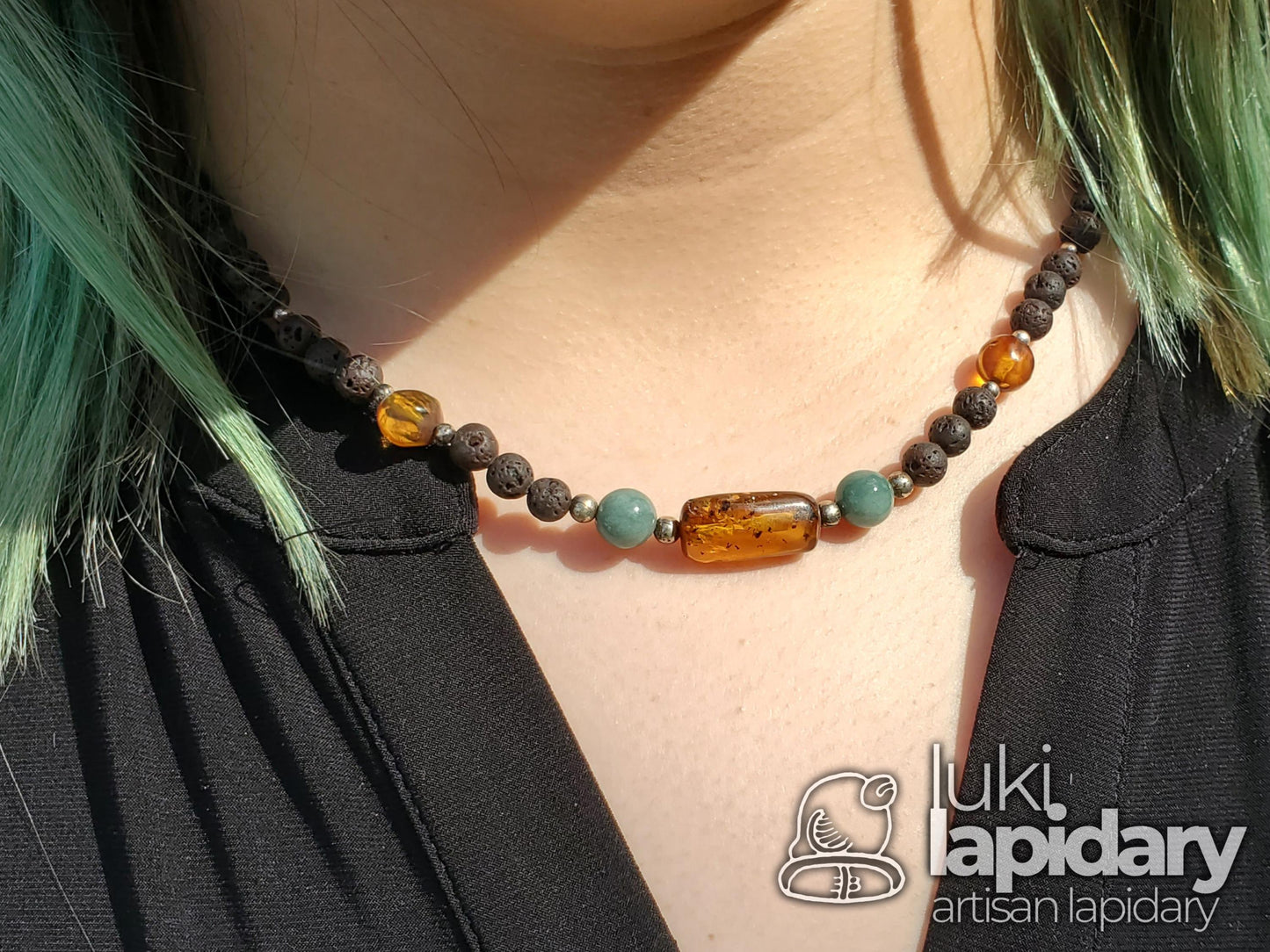 Baltic Amber, Mint Jadeite & Lava Rock Fully Beaded Pendant — Ancient Earth Necklace