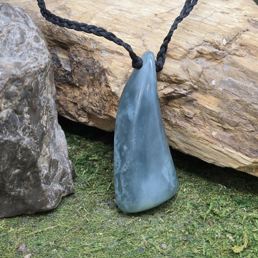A polished dark gray teardrop-shaped lapel stone pendant on a black braided cord, displayed against natural rocks and green moss. A watermark for 'luki lapidary' is visible in the lower-left corner.