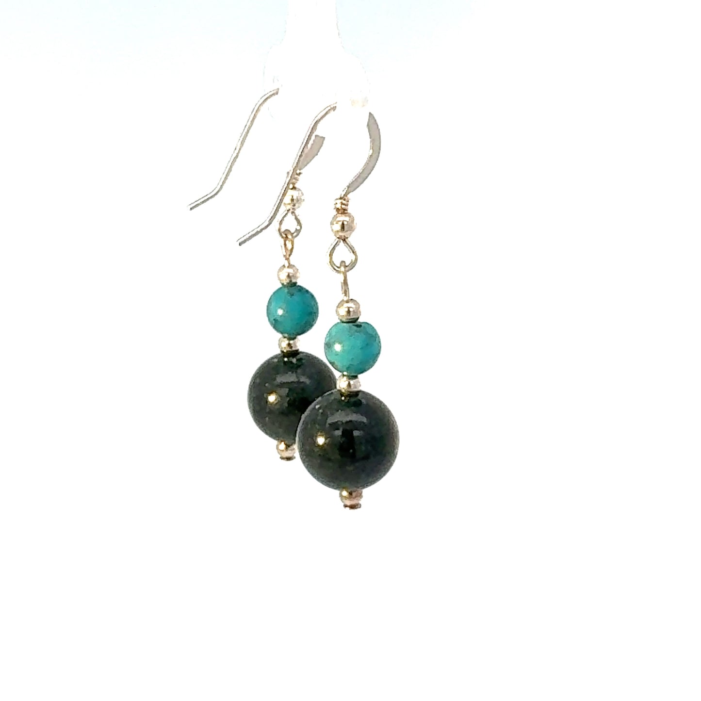 Turquoise & Dark Green Jade Dangle Earrings in Gold