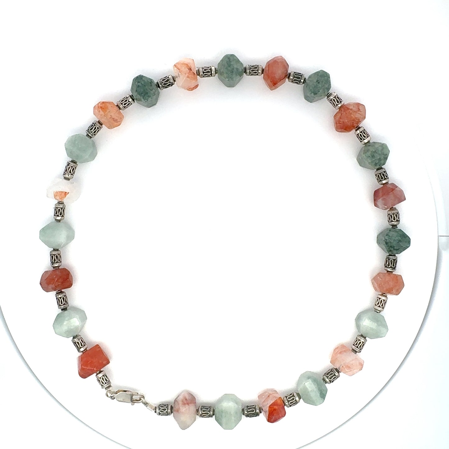 Manzano & Traditional Guatemalan Jade & Carnelian Faceted Necklace in Silver