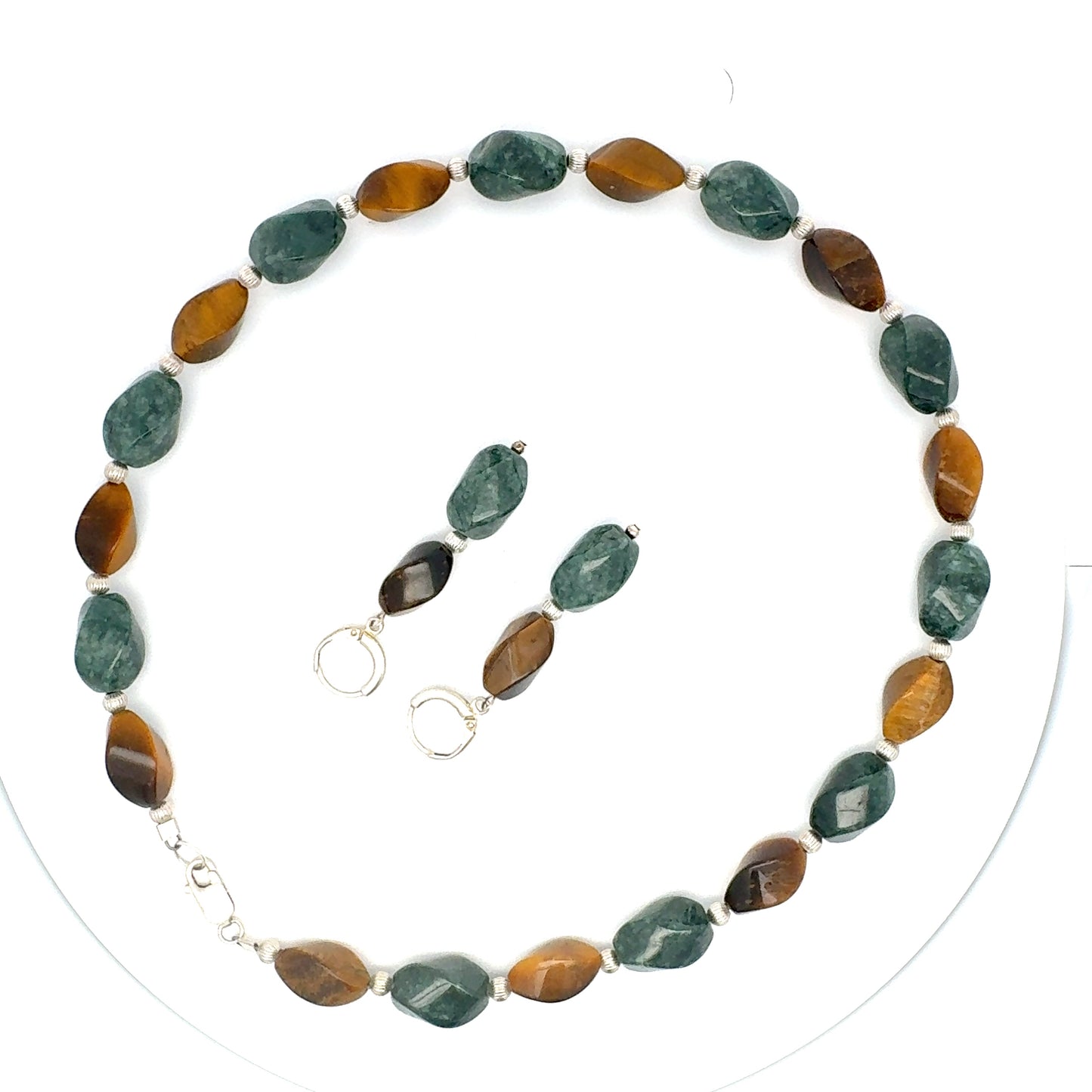 Jaguar Guatemalan Jade & Tiger's Eye Necklace & Earring Set in Silver