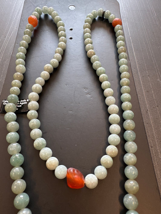 Mala Necklace — Celestial Blue Jadeite Jade & Sunset Orange Gobi Agate, 7mm