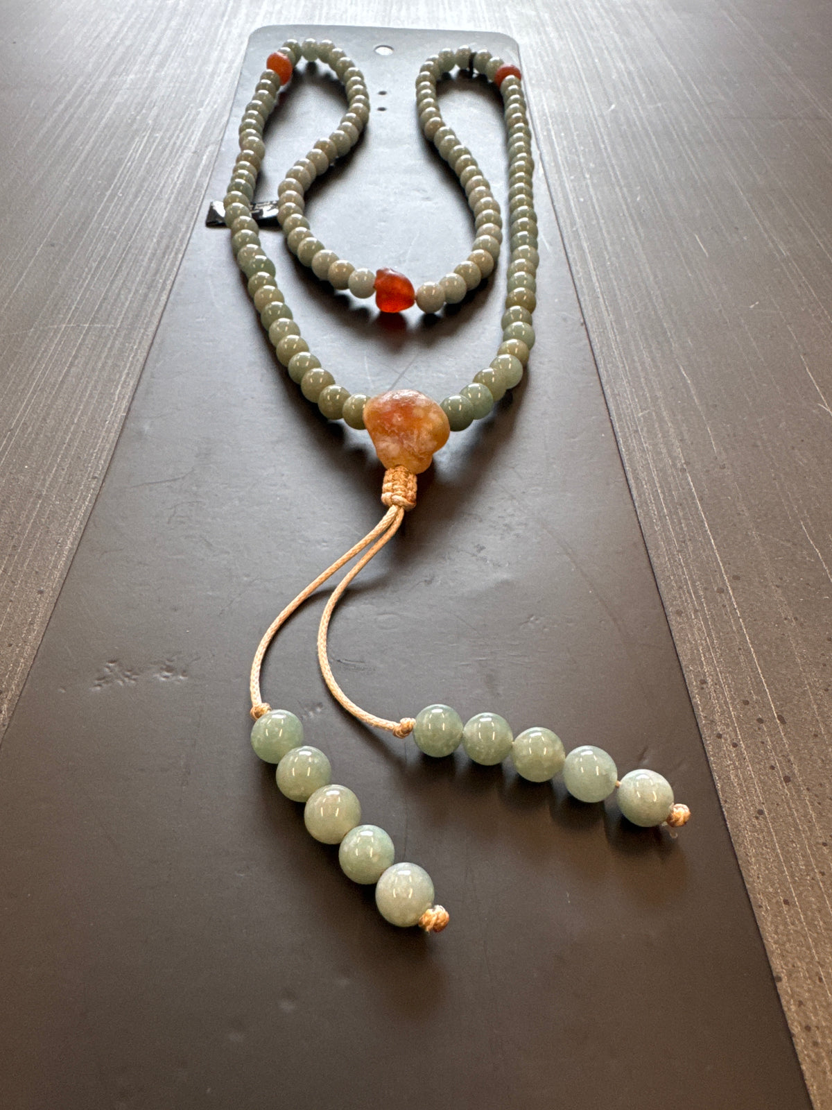Mala Necklace — Celestial Blue Jadeite Jade & Sunset Orange Gobi Agate, 7mm