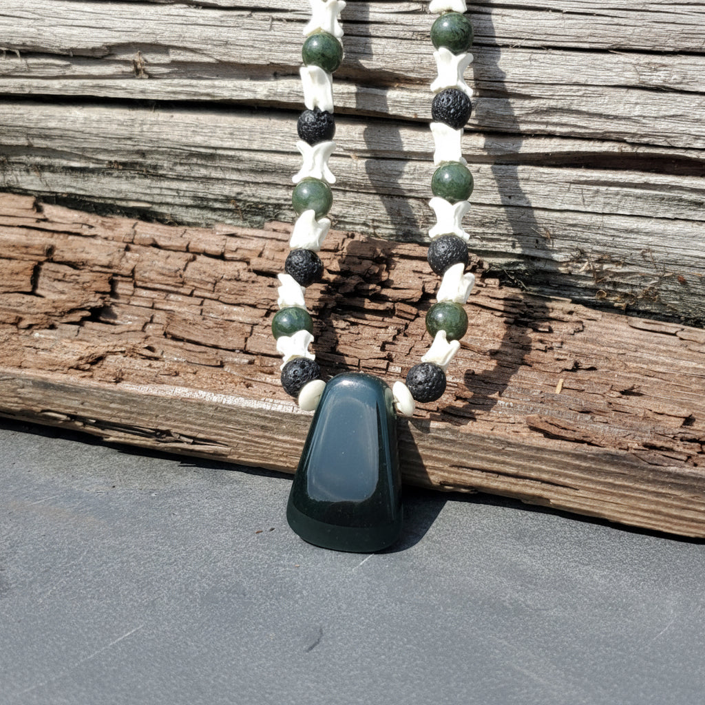 Blue Jadeite Mayan Hatchet Pendant with Snake Vertebrae and Jade Beads