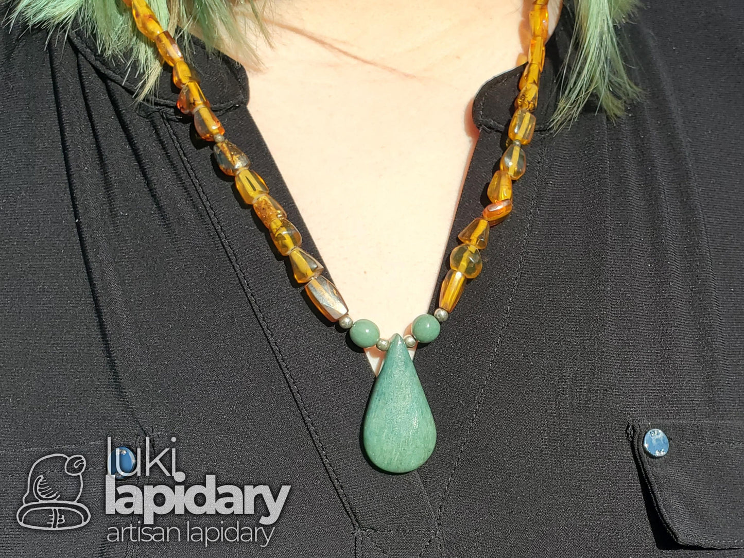 Baltic Amber & Guatemalan Jadeite Fully Beaded Pendant — Ancient Resin Meets Sacred Stone