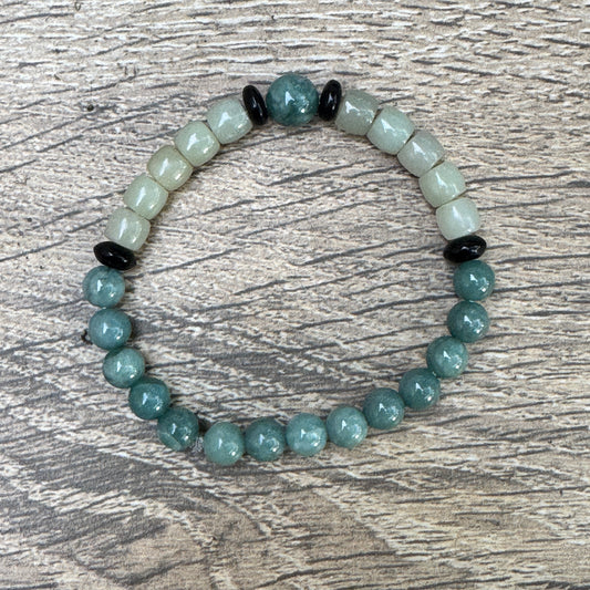 Blue Guatemalan Jade, Black Guatemalan Jade Discs & Hetian Jade Stretch Bracelet