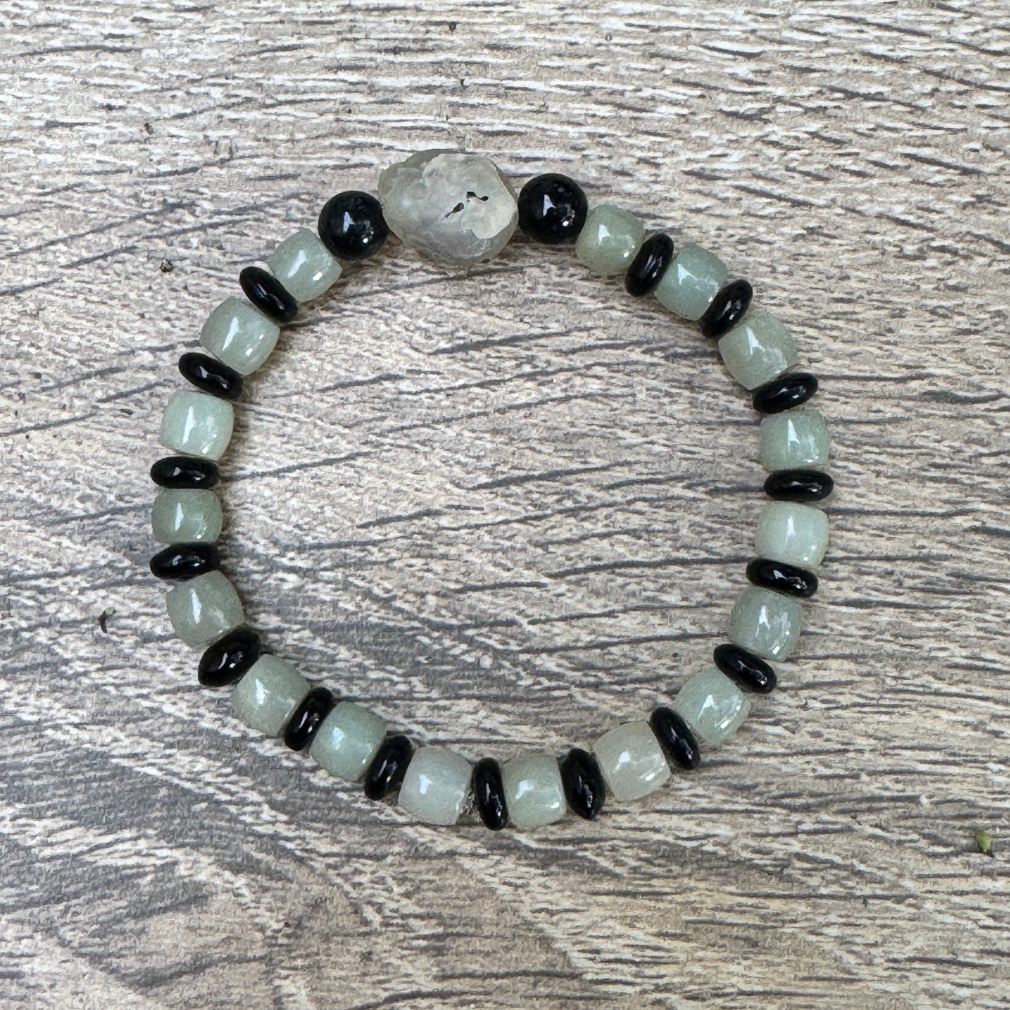 Black Guatemalan Jade Discs, Hetian Jade Rondelles & Gobi Desert Agate Stretch Bracelet