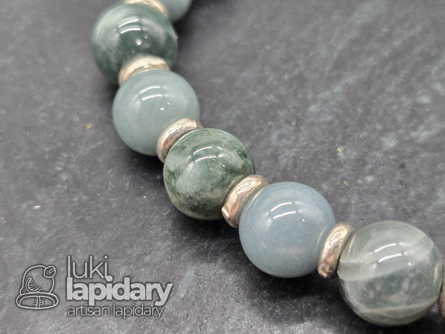 Guatemalan Jadeite Bracelet — Mixed Hues, 10mm Beads & .925 Silver Spacers, 7.5"