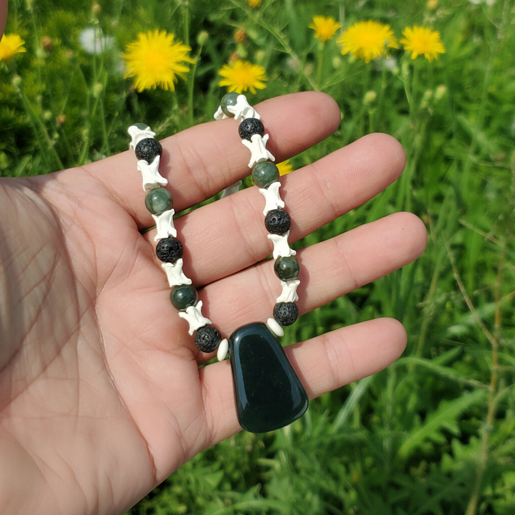 Blue Jadeite Mayan Hatchet Pendant with Snake Vertebrae and Jade Beads
