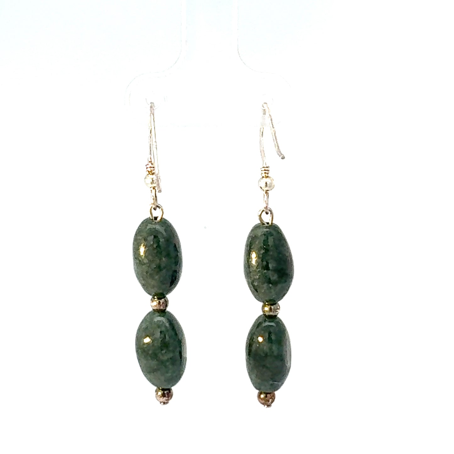 Double Drop Jade Bead Dangle Earrings in Silver