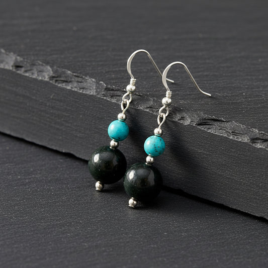 A pair of dangle earrings featuring large dark green polished beads, smaller turquoise blue beads, and silver fishhook wires, shown against a plain white background.