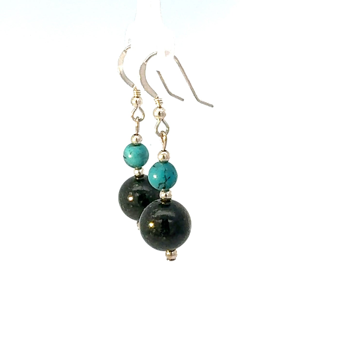 Turquoise & Dark Green Jade Dangle Earrings in Gold