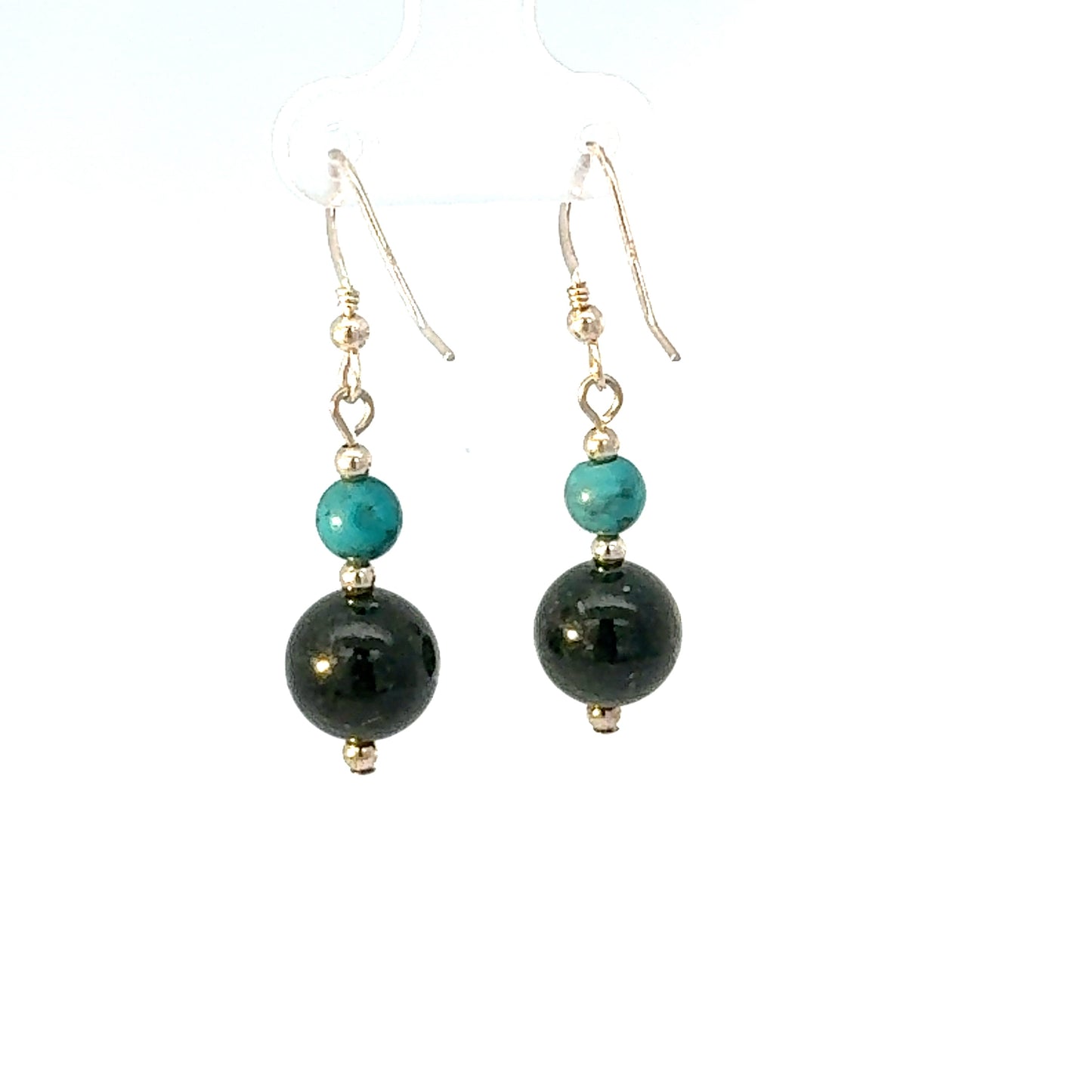 Turquoise & Dark Green Jade Dangle Earrings in Gold