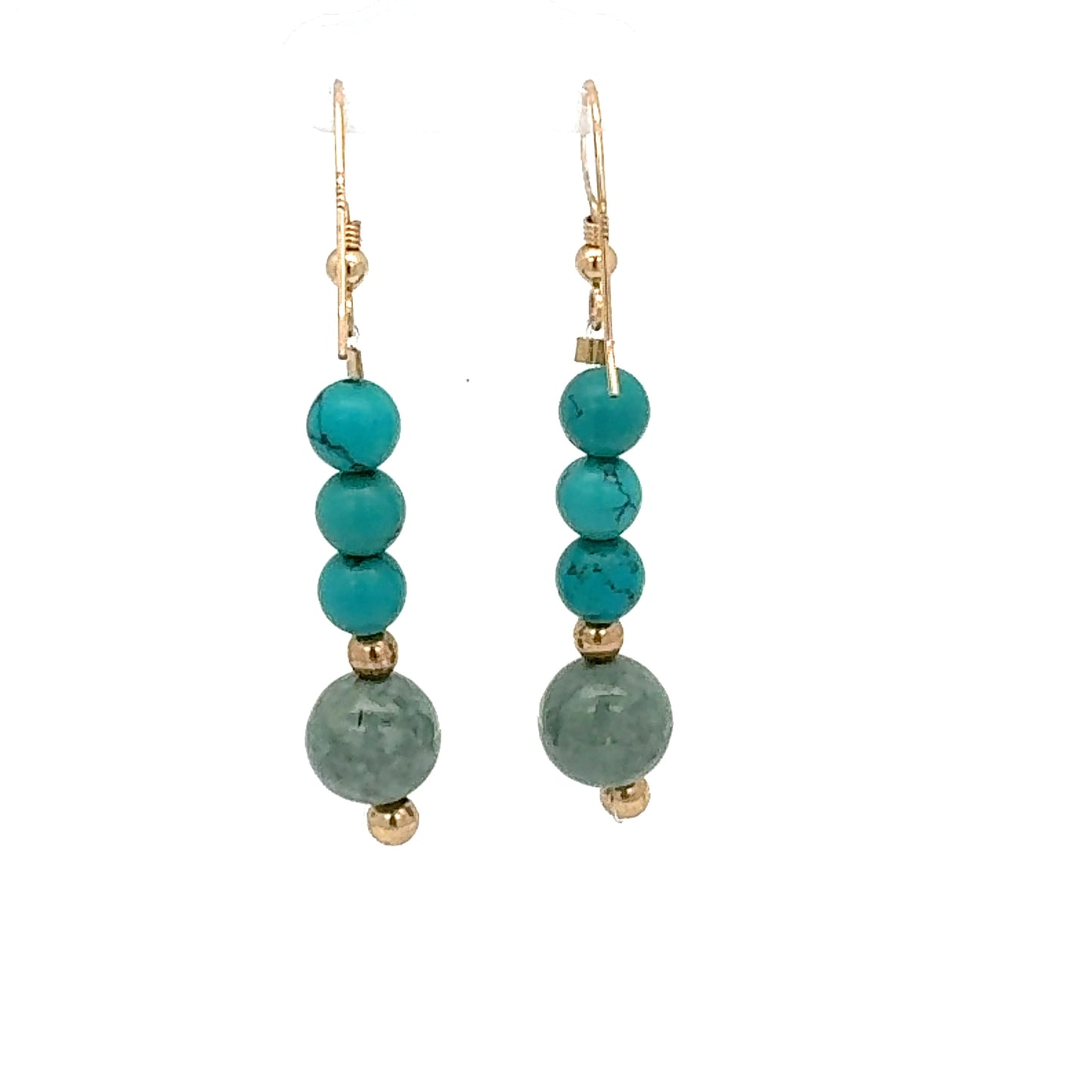 Turquoise & Guatemalan Jadeite Dangle Earrings in Yellow Gold