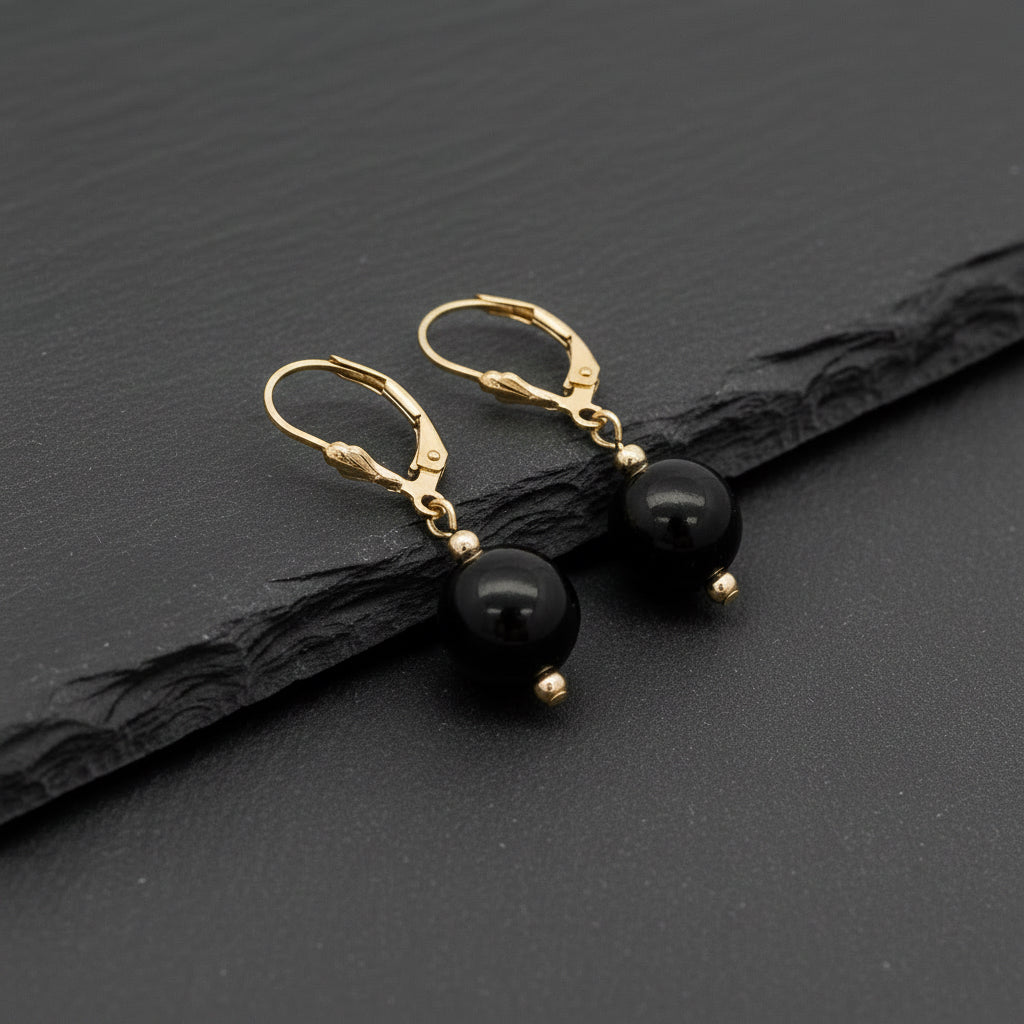 Black Guatemalan Jade Sphere Drop Earrings in Gold Vermeil
