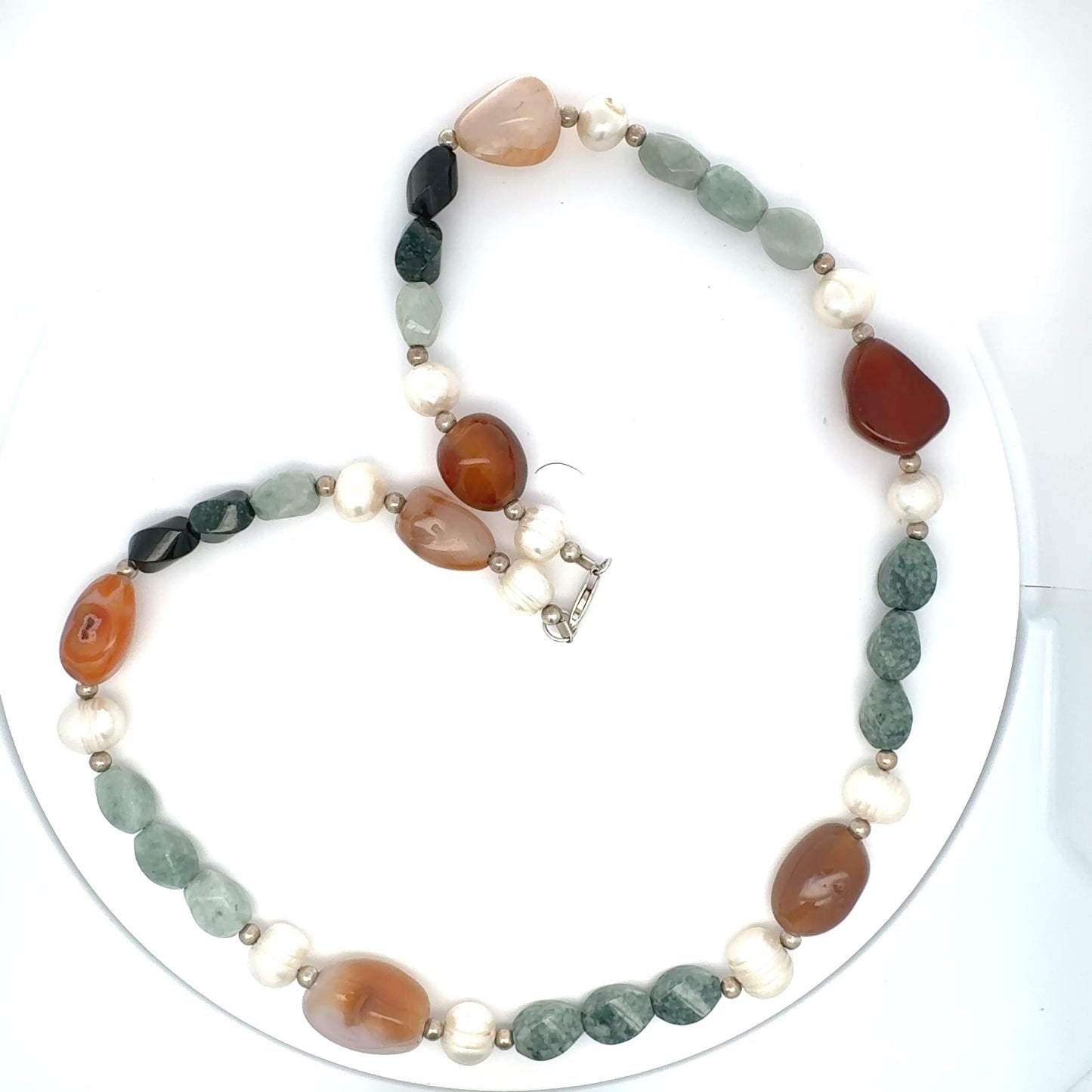 Three-Jade Guatemalan Jadeite, Carnelian & Freshwater Pearl Necklace in Silver