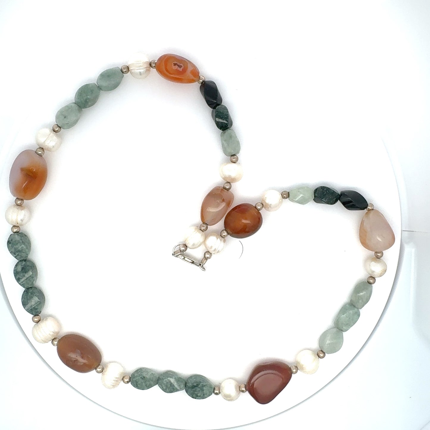 Three-Jade Guatemalan Jadeite, Carnelian & Freshwater Pearl Necklace in Silver
