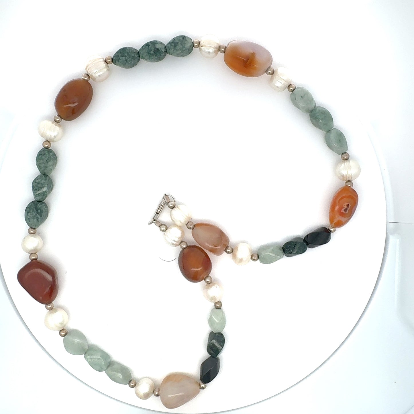 Three-Jade Guatemalan Jadeite, Carnelian & Freshwater Pearl Necklace in Silver
