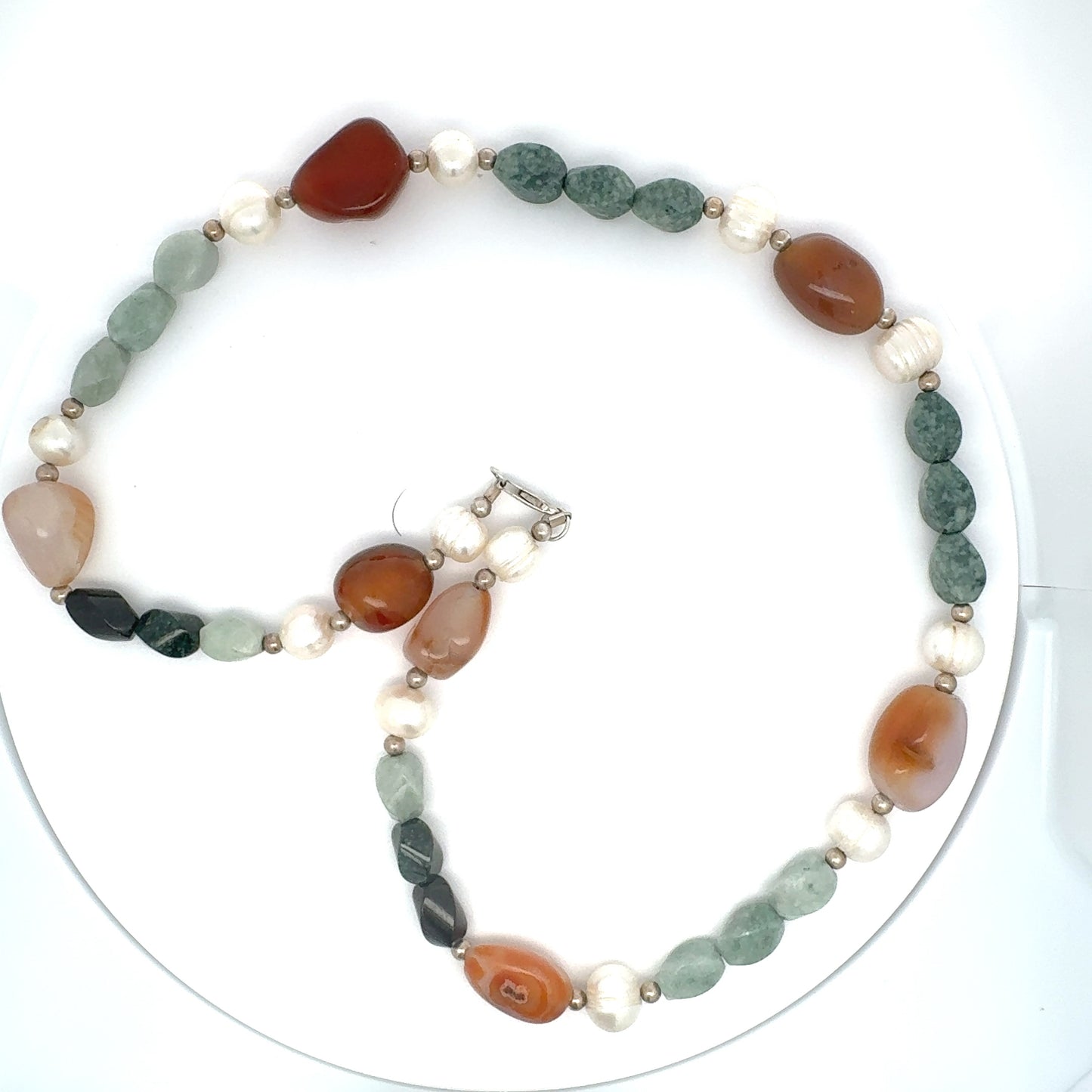 Three-Jade Guatemalan Jadeite, Carnelian & Freshwater Pearl Necklace in Silver