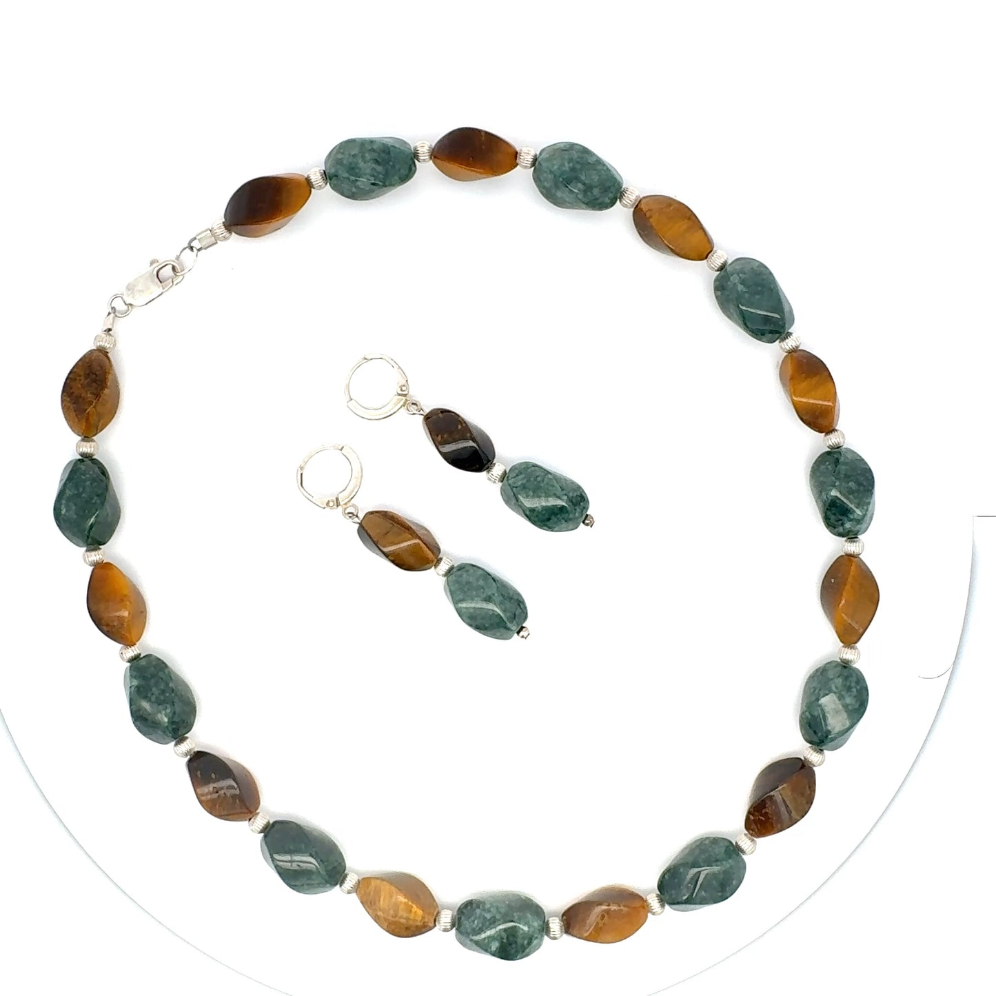 Jaguar Guatemalan Jade & Tiger's Eye Necklace & Earring Set in Silver