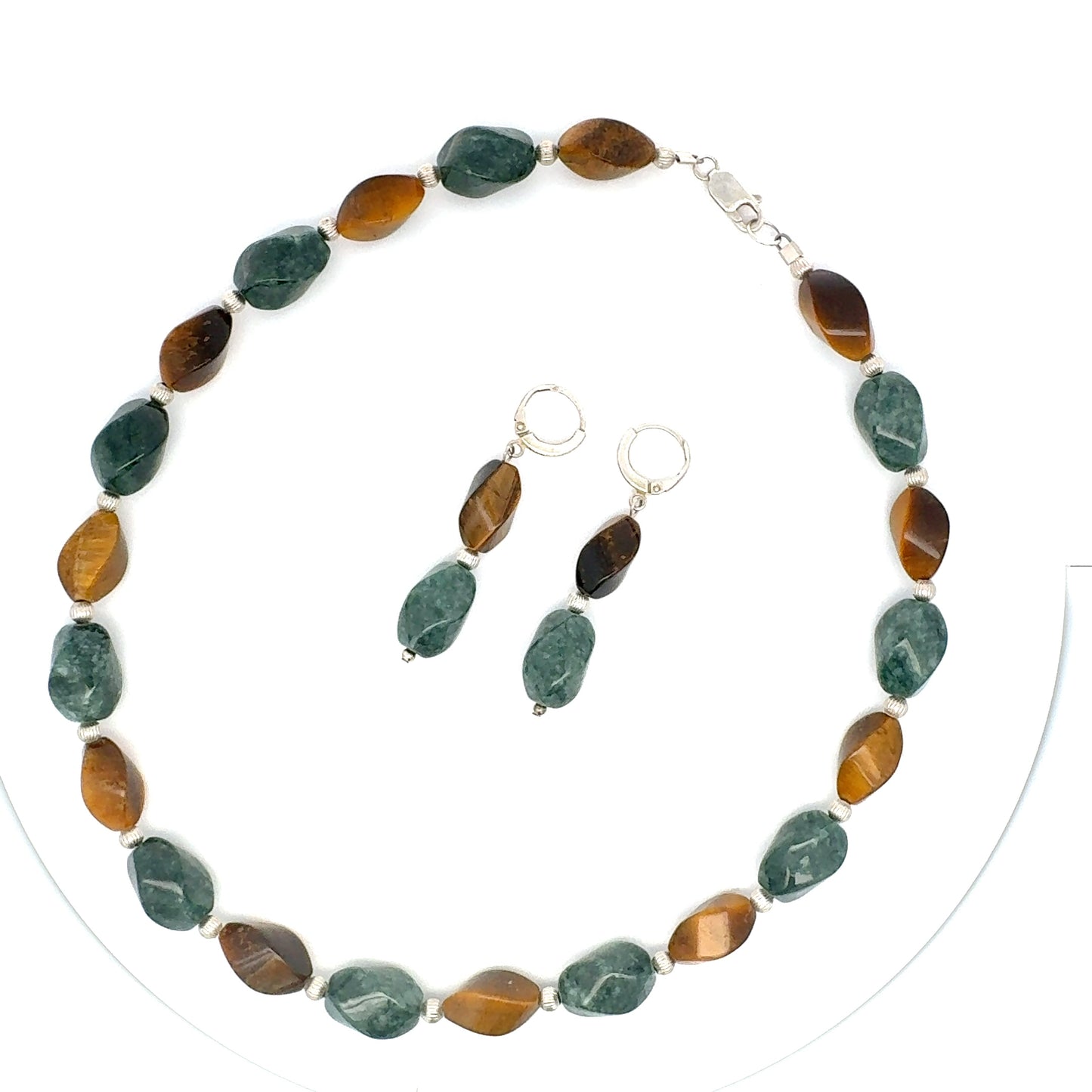 Jaguar Guatemalan Jade & Tiger's Eye Necklace & Earring Set in Silver