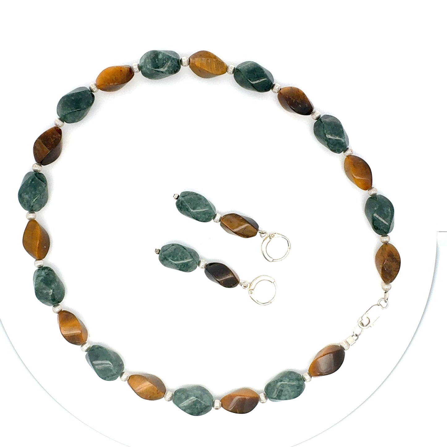 Jaguar Guatemalan Jade & Tiger's Eye Necklace & Earring Set in Silver