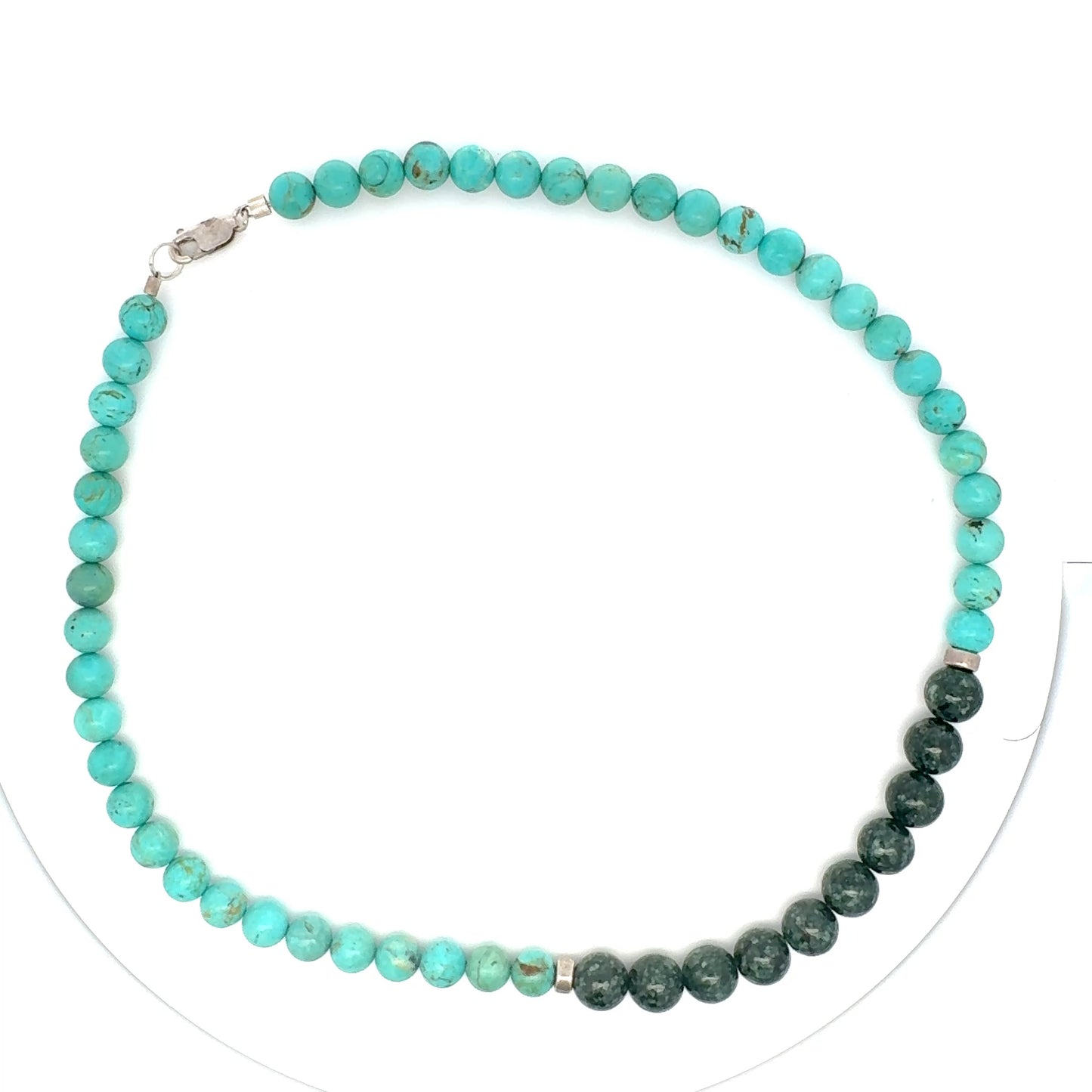 Campitos Turquoise & Green Jaguar Guatemalan Jade Beaded Necklace in Silver