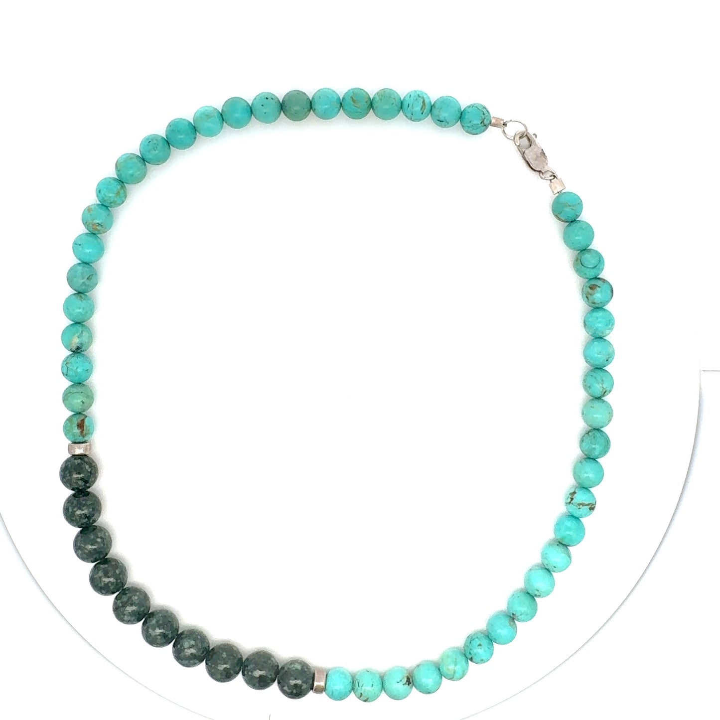 Campitos Turquoise & Green Jaguar Guatemalan Jade Beaded Necklace in Silver