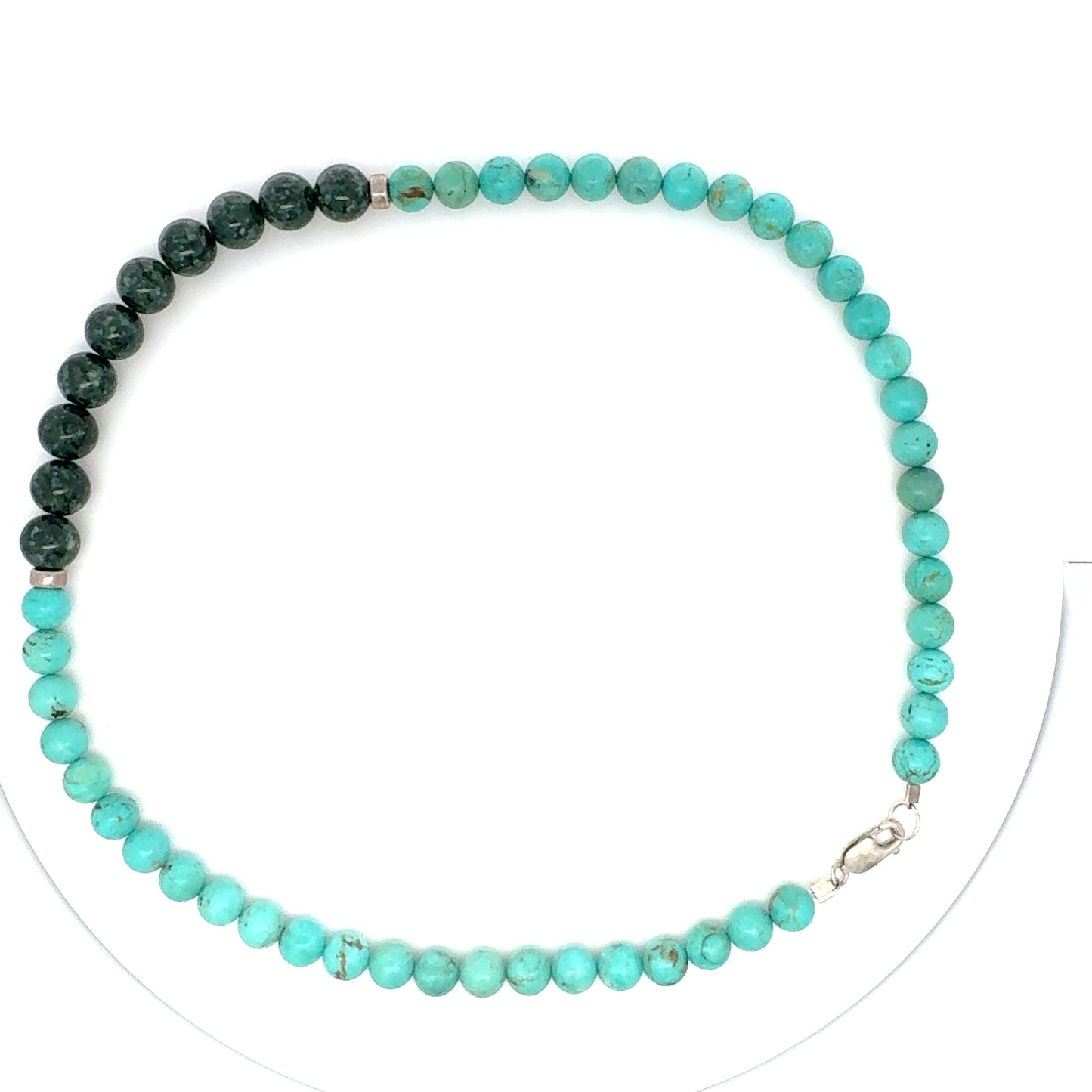 Campitos Turquoise & Green Jaguar Guatemalan Jade Beaded Necklace in Silver