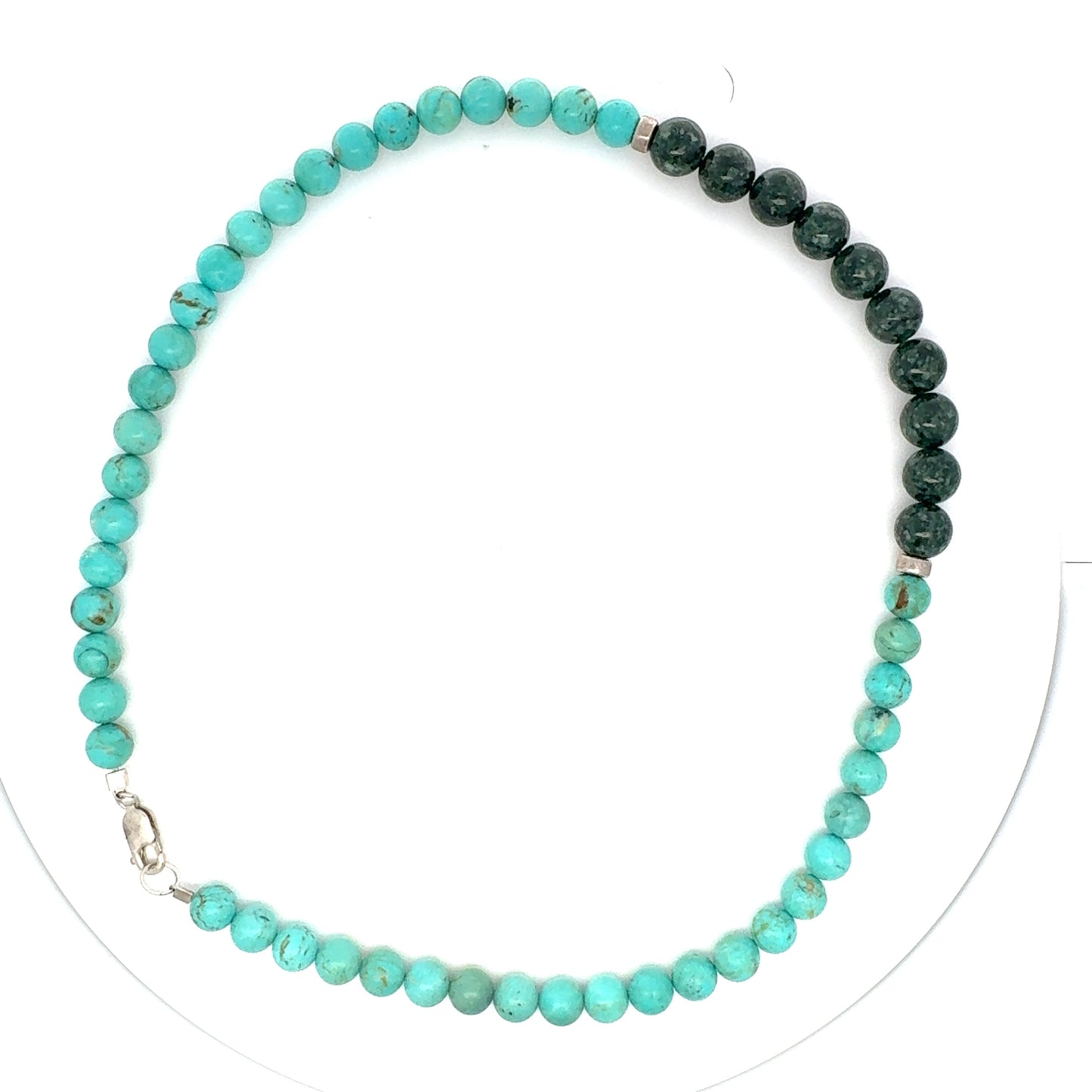 Campitos Turquoise & Green Jaguar Guatemalan Jade Beaded Necklace in Silver