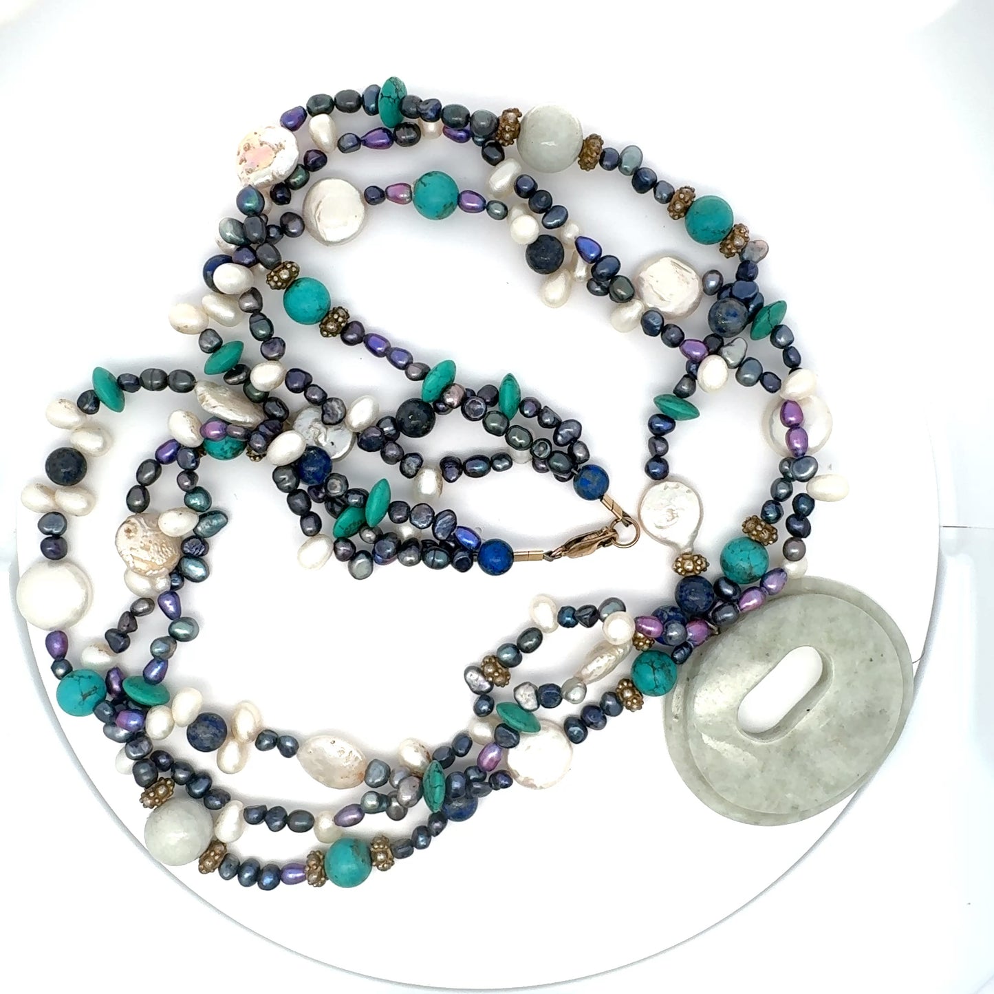 Manzano Guatemalan Jade, Turquoise & Freshwater Pearl Multi-Strand Necklace