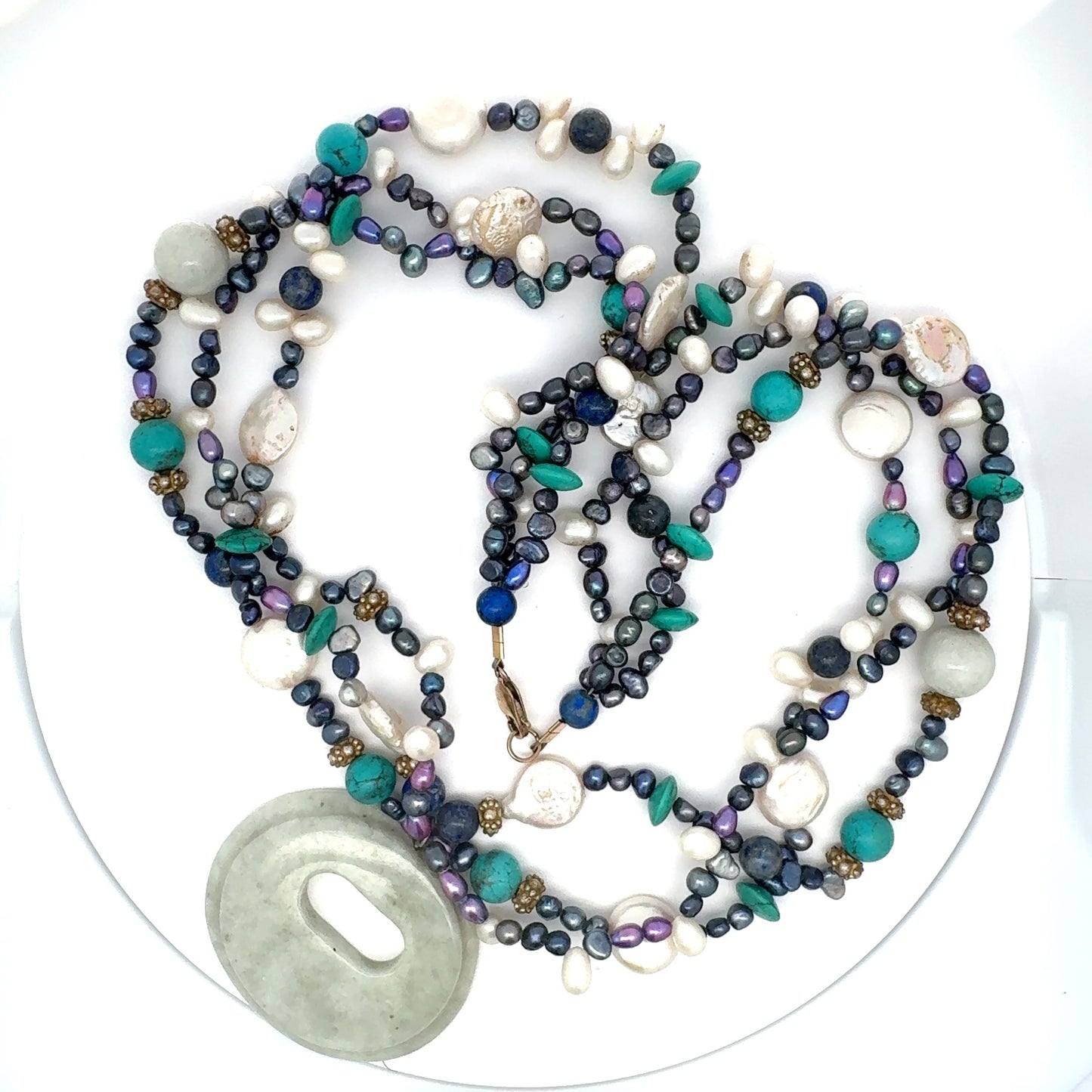 Manzano Guatemalan Jade, Turquoise & Freshwater Pearl Multi-Strand Necklace