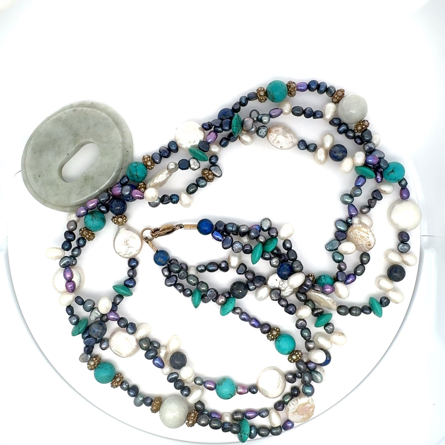 Manzano Guatemalan Jade, Turquoise & Freshwater Pearl Multi-Strand Necklace