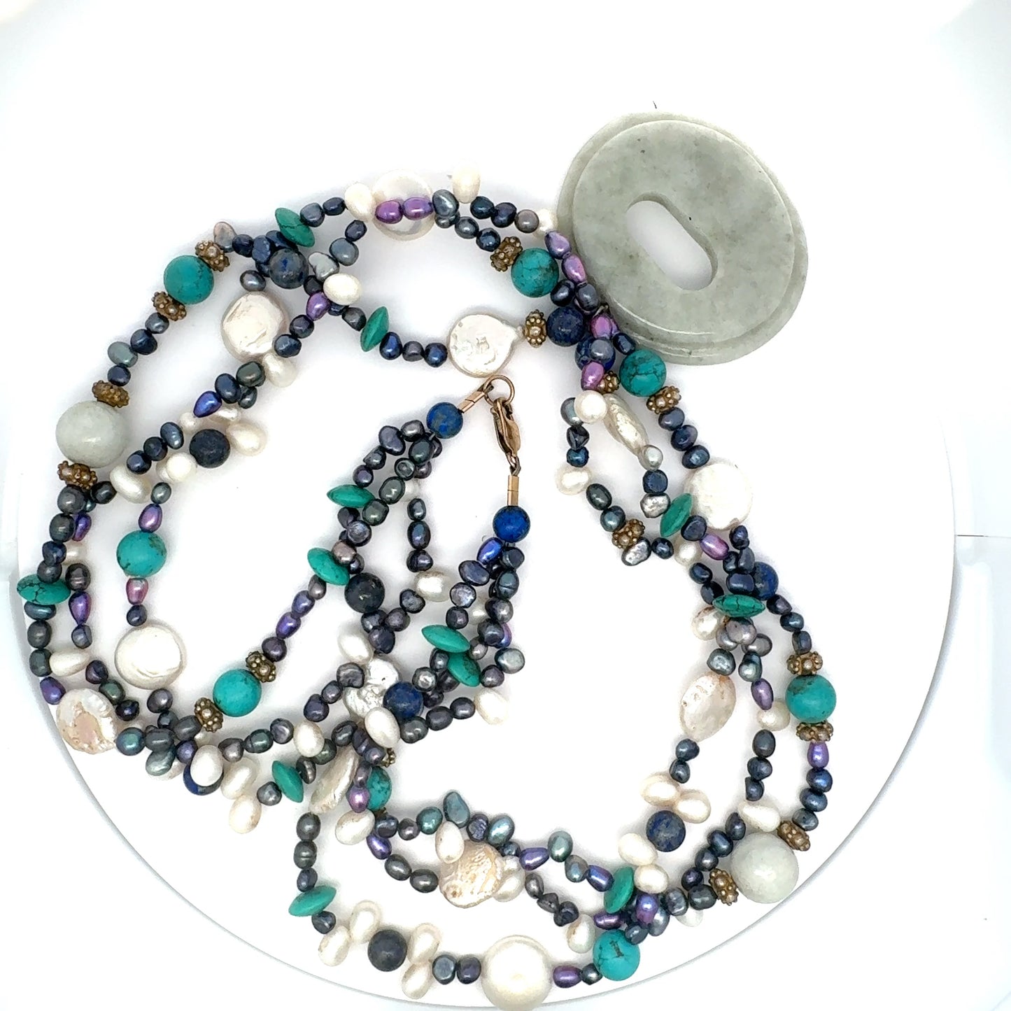 Manzano Guatemalan Jade, Turquoise & Freshwater Pearl Multi-Strand Necklace