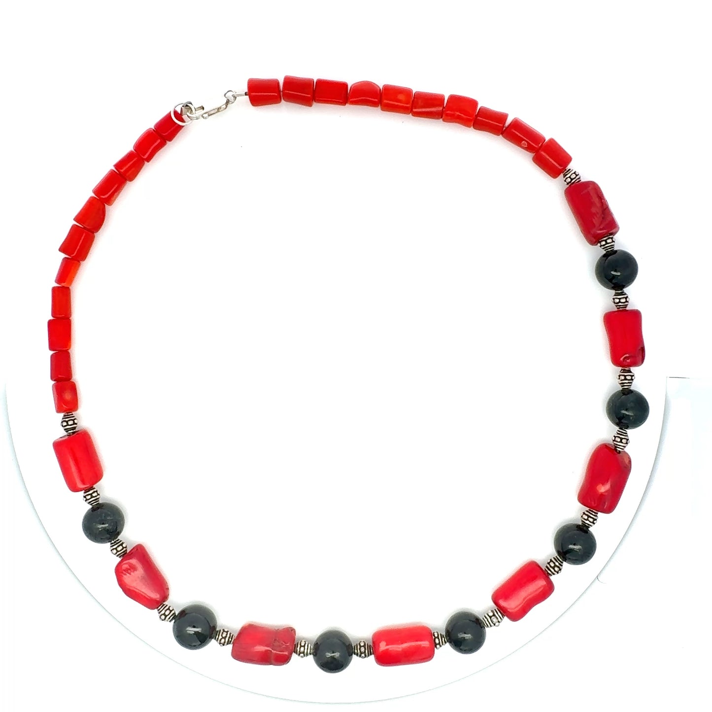 Black Jade, Red Coral & Silver Necklace