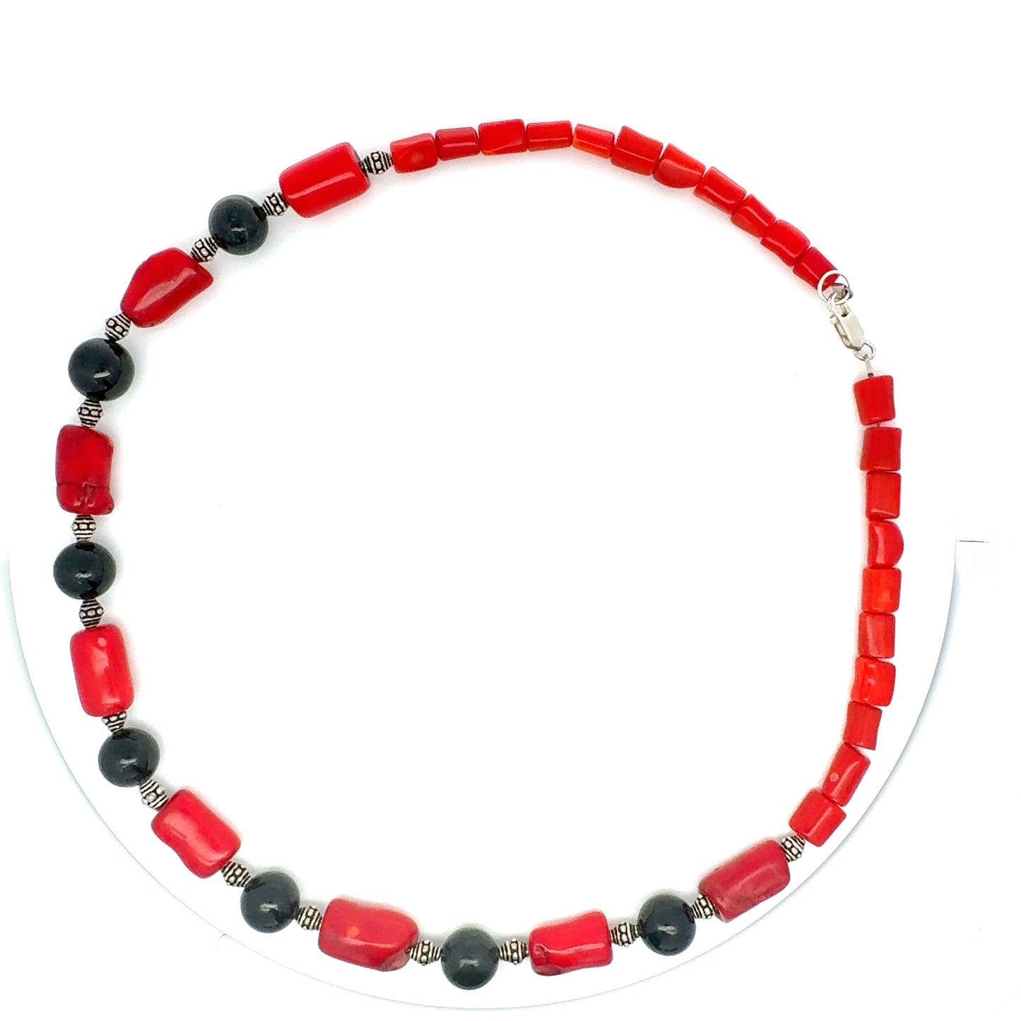 Black Jade, Red Coral & Silver Necklace