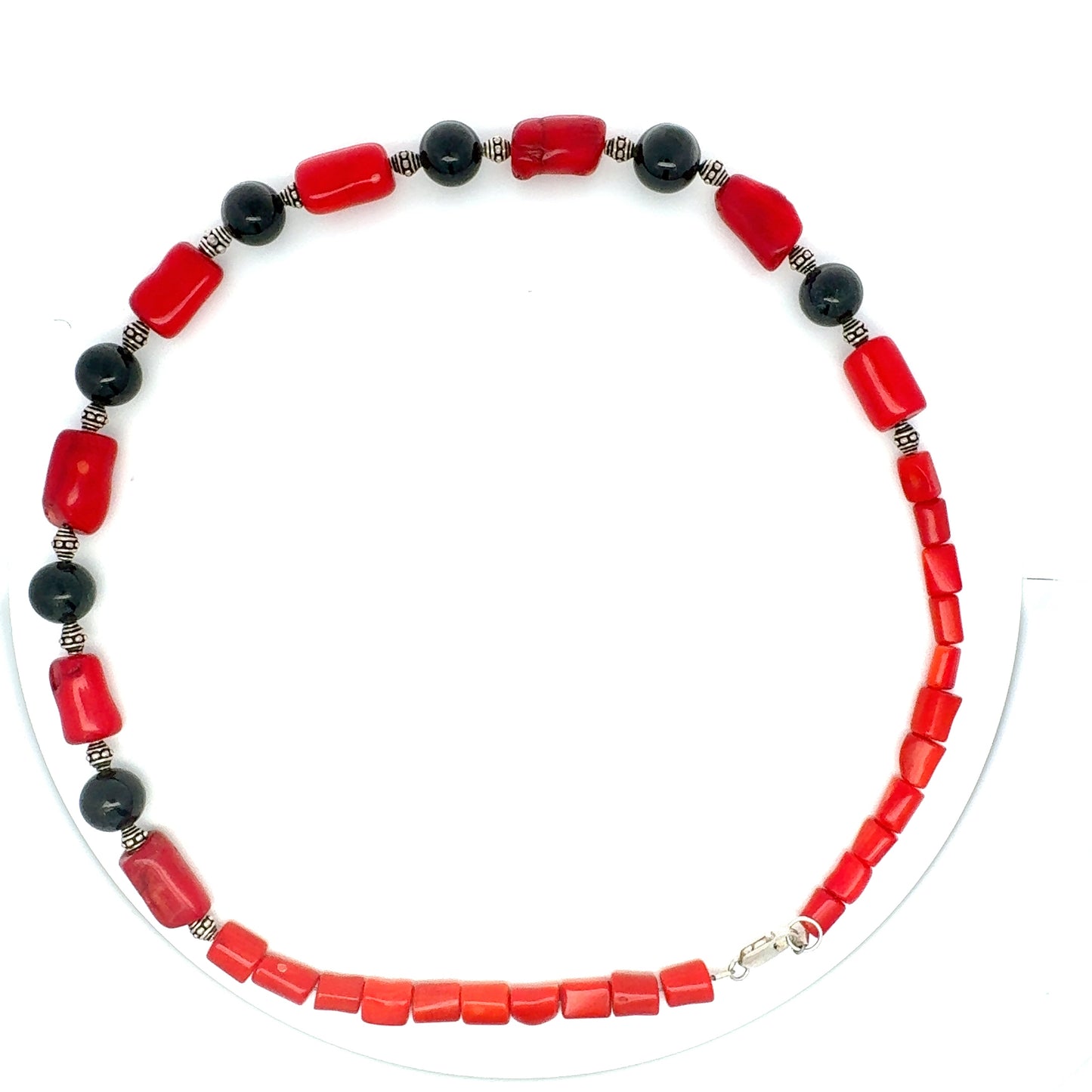 Black Jade, Red Coral & Silver Necklace