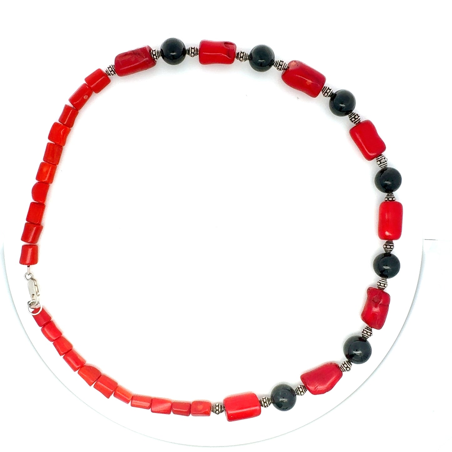 Black Jade, Red Coral & Silver Necklace