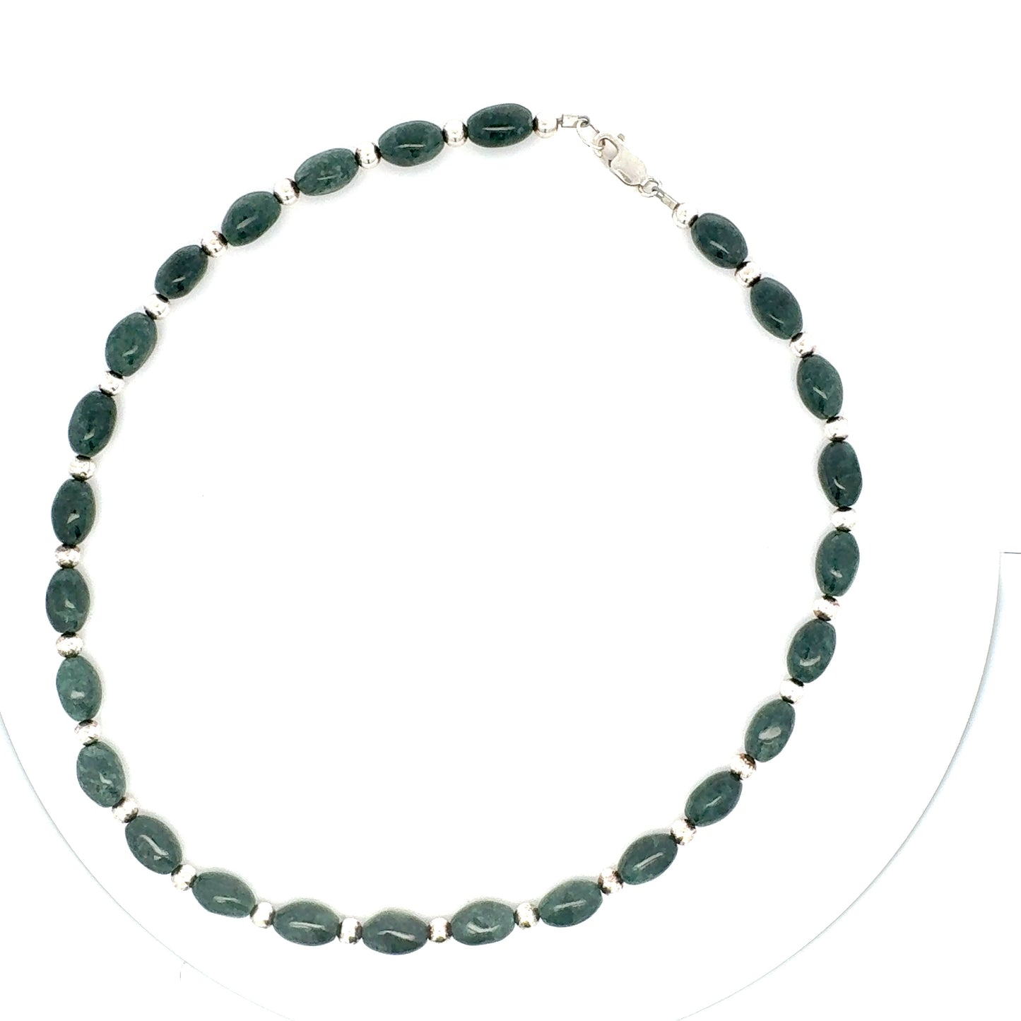 Jaguar Guatemalan Jade Oval Bead Necklace in Silver