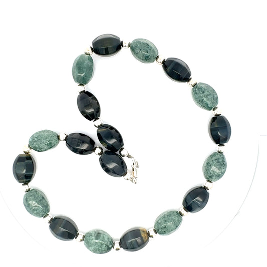 Jaguar Guatemalan Jade & Mexican Rainbow Obsidian Necklace in Silver