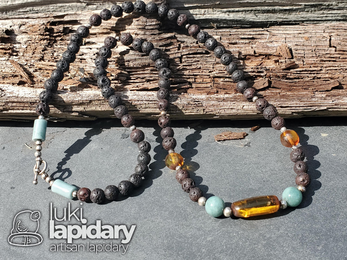 Baltic Amber, Mint Jadeite & Lava Rock Fully Beaded Pendant — Ancient Earth Necklace