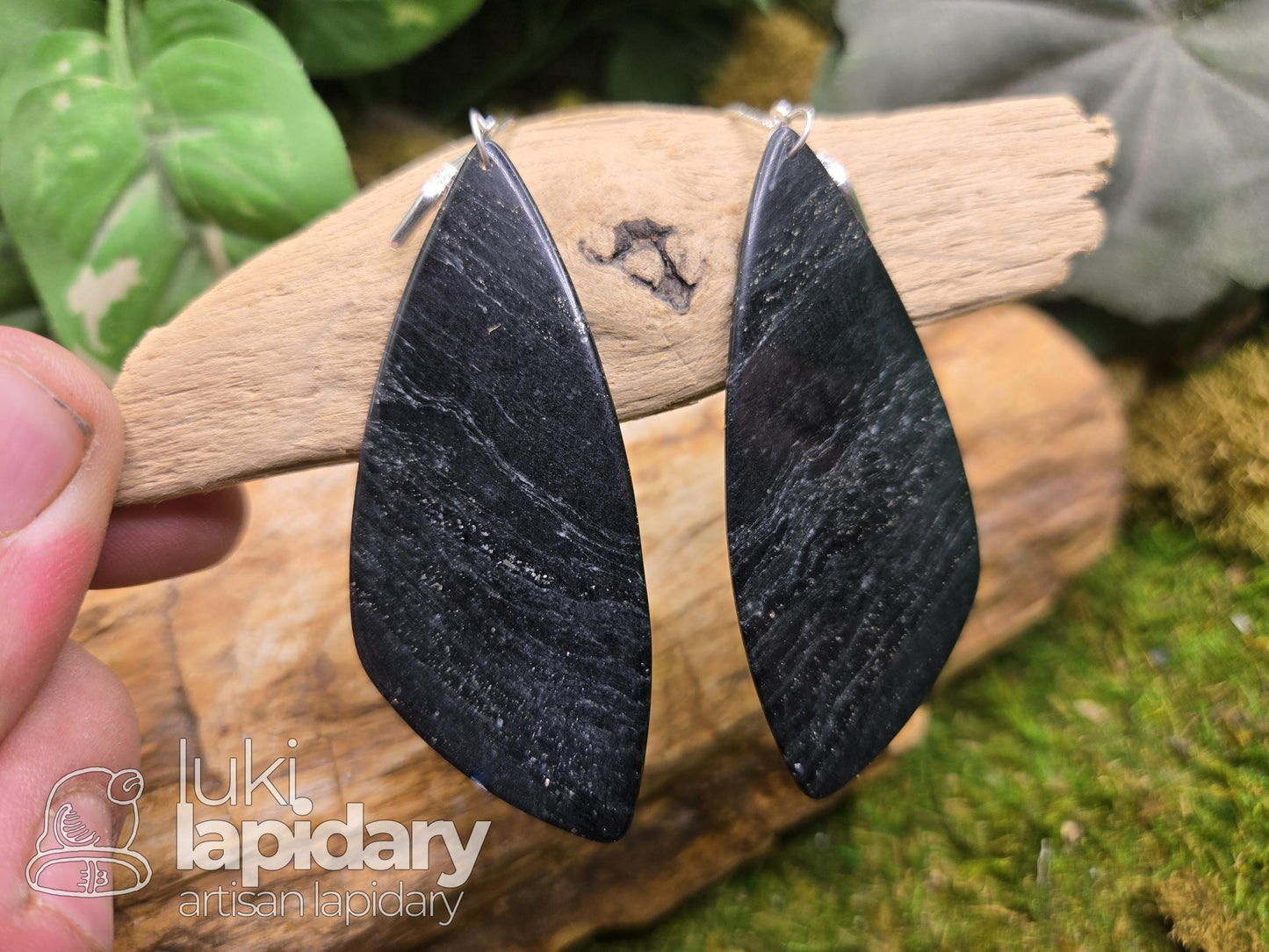 Galaxy Jadeite Earrings — Rare Black Jadeite with Pyrite Inclusions