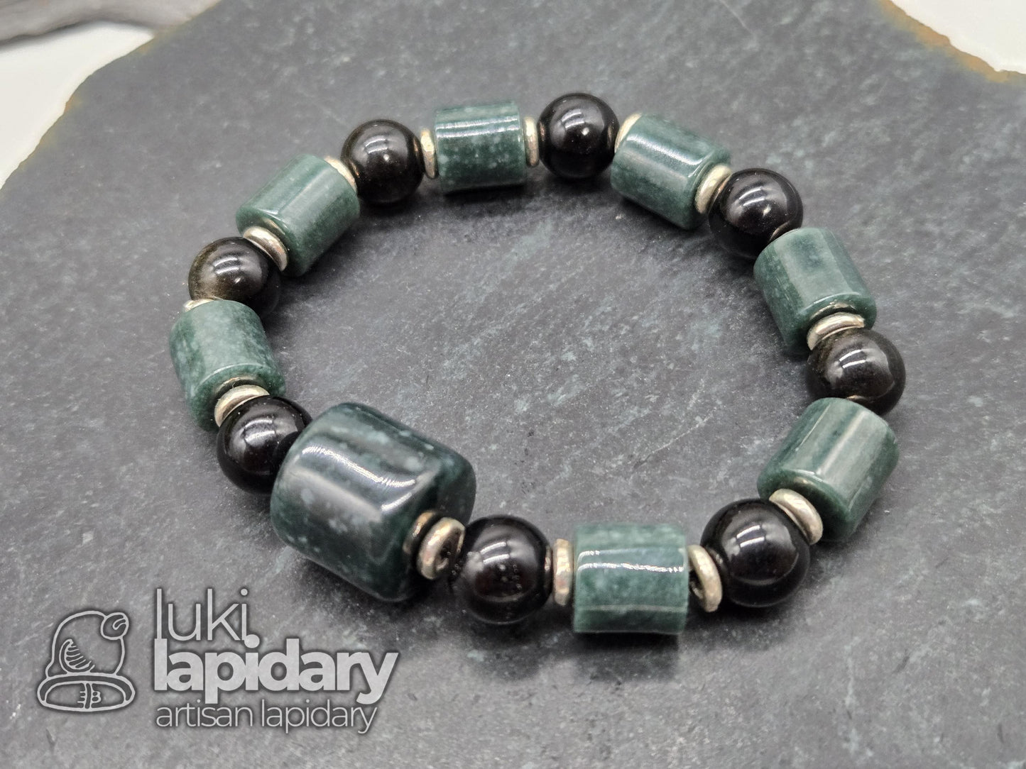 Guatemalan Jadeite Cylinder & Gold Sheen Obsidian Bracelet — .925 Silver Spacers, 7.5"