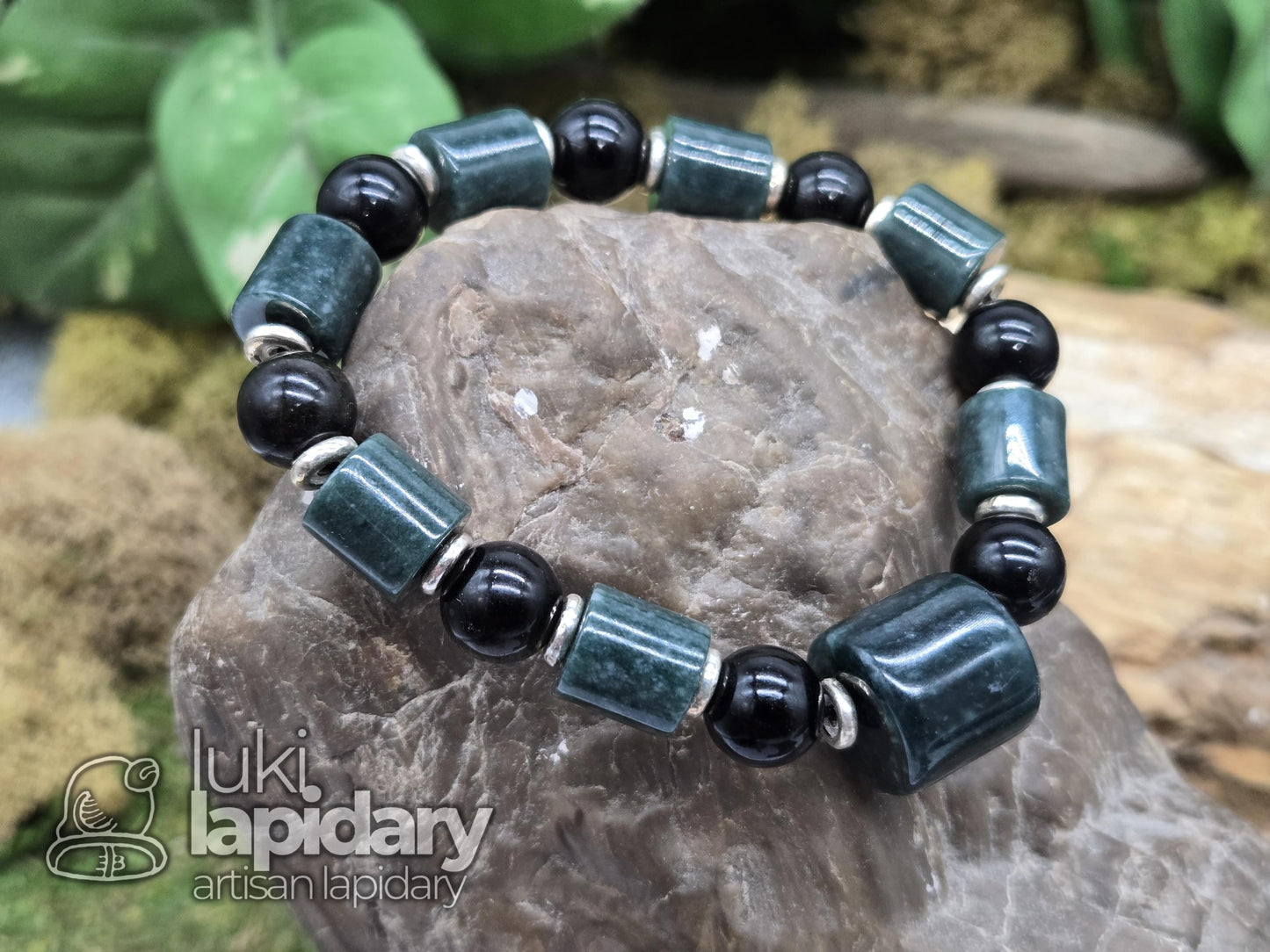 Guatemalan Jadeite Cylinder & Gold Sheen Obsidian Bracelet — .925 Silver Spacers, 7.5"