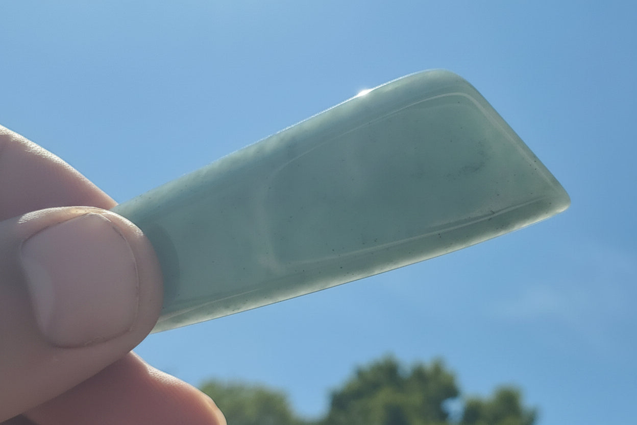 A hand holding a polished green jade pendant against a bright blue sky background, 