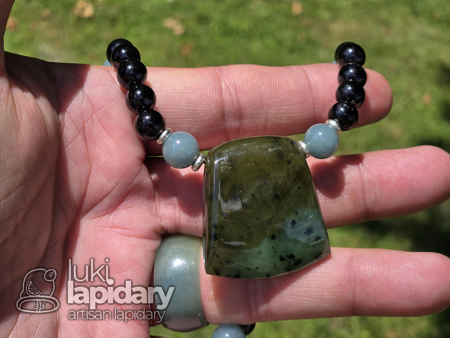Siberian Nephrite Hatchet Pendant — Two-Tone with Hematite & Fully Beaded Necklace