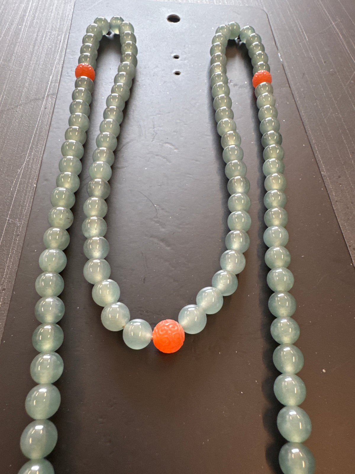 Mala Necklace — Blue Ice Jadeite Jade & Carved Nanhong Agate