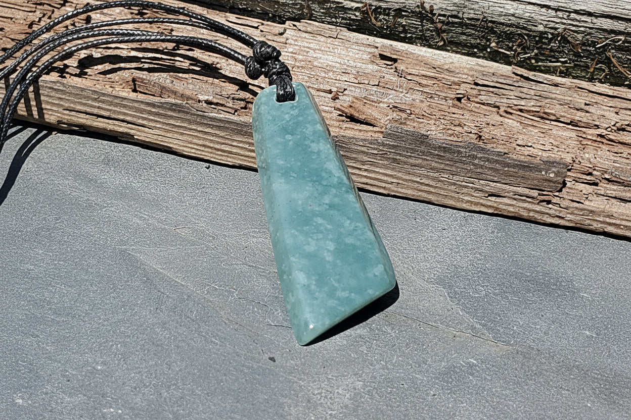 A green-blue  teardrop-shaped jade pendant on a black cord, resting on a gray stone surface with a piece of weathered wood in the background. 