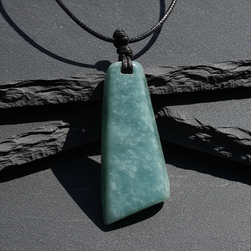 A green teardrop-shaped jade pendant necklace on a black cord, displayed on a dark textured slate surface.